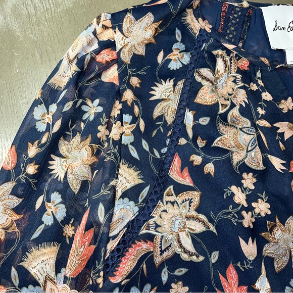 Sam Edelman Navy Blue Floral Swing Dress Long Sleeve Ruffle NWT Small Tan Peach - Picture 3 of 9